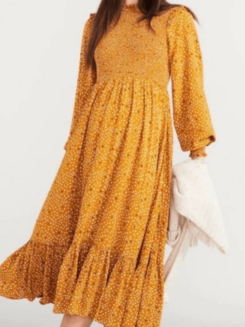 Hatch Mustard Dot Smocked Midi Maternity Dress